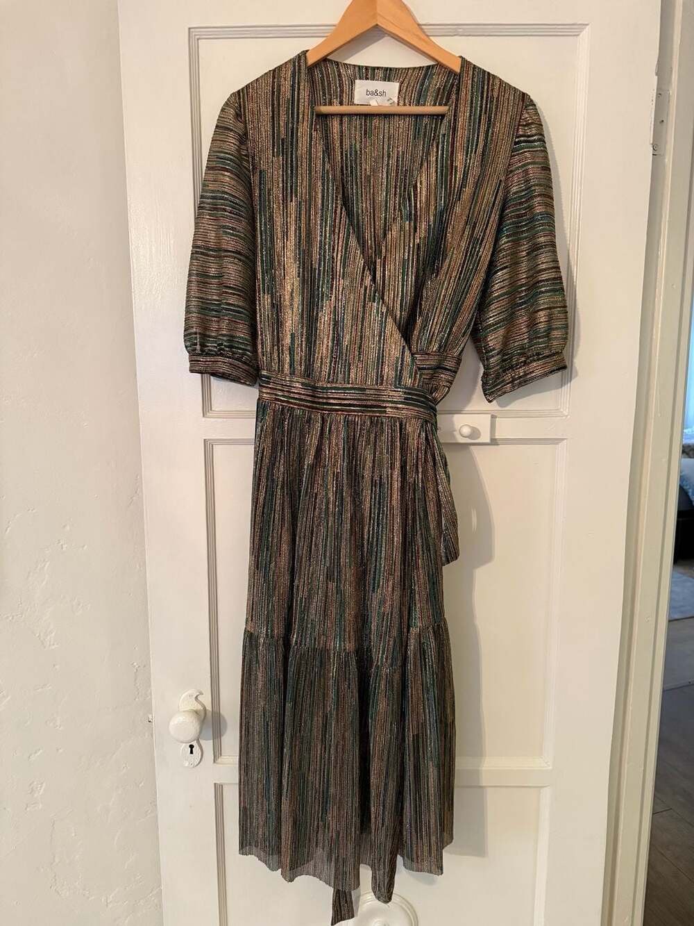 ba&sh Metallic Striped Wrap Midi Dress Size M